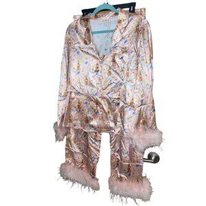 Ivy City Co Womens Pajama Set Size Large Pink Feathers Trim Bella Bunny New
